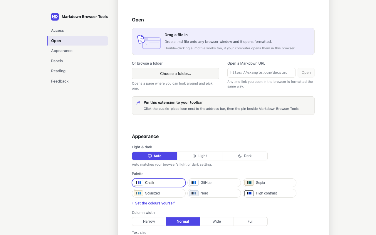 The settings page, showing the ways to open a document and the appearance dials
